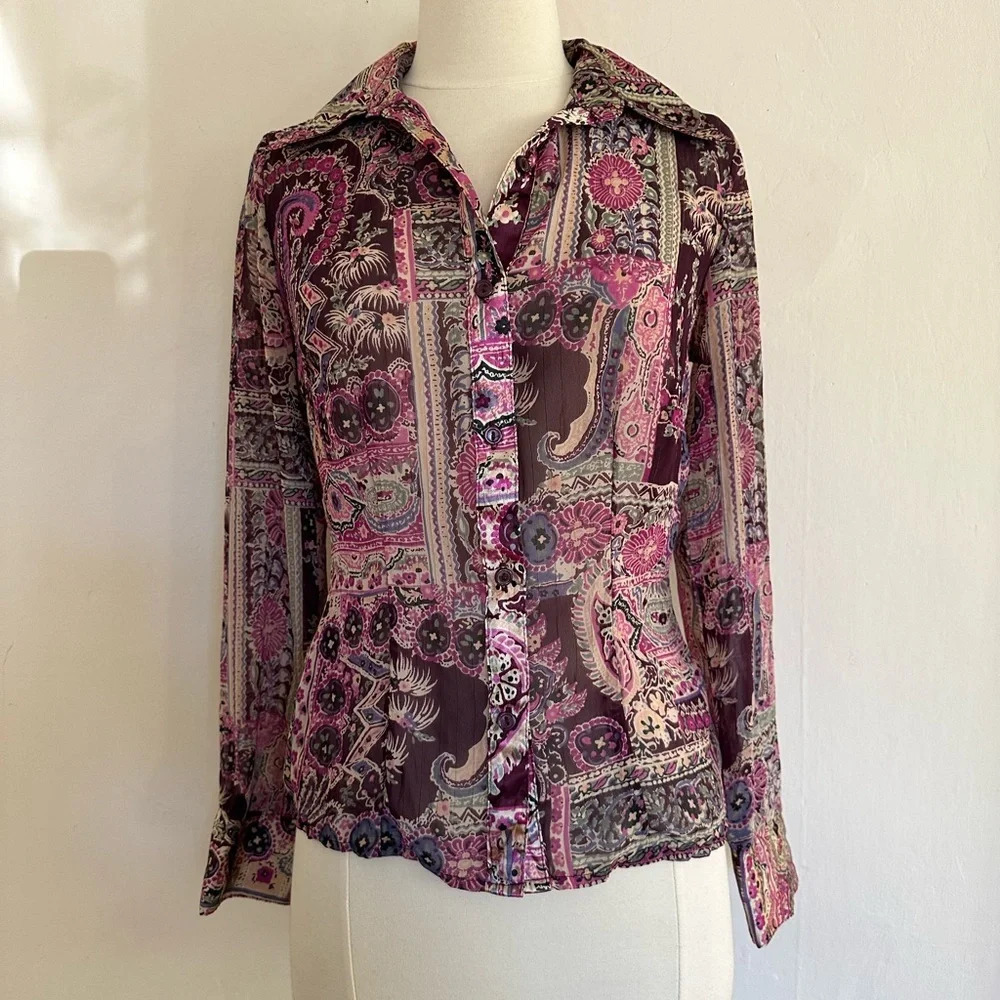 Y2K Fairy Boho Whimsigoth Blouse Size XXS/XS Paisley Purple Pink Chiffon Top